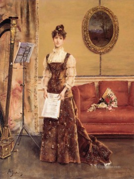 Alfred Stevens Painting - Le Femme a la Harpe lady Belgian painter Alfred Stevens